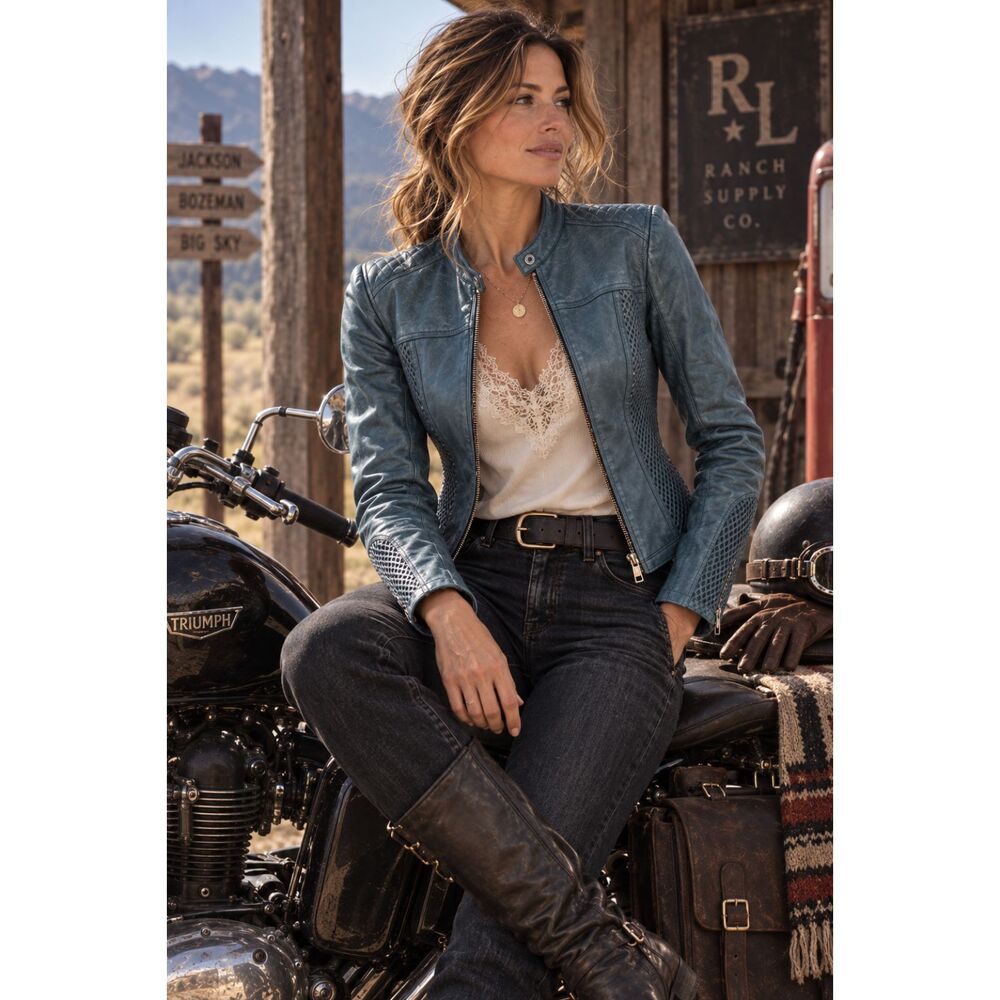 Luii Women's M Blue Faux Leather Moto Jacket Collarless Ruched Stretch Panels